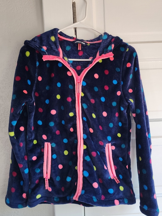 Lands' End Other - Kids XL NwT Lands' End Navy Fleece Hoodie with Neon Polka Dots and Pink Trim